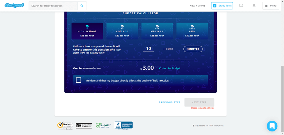 Studypool Pricing - high school level