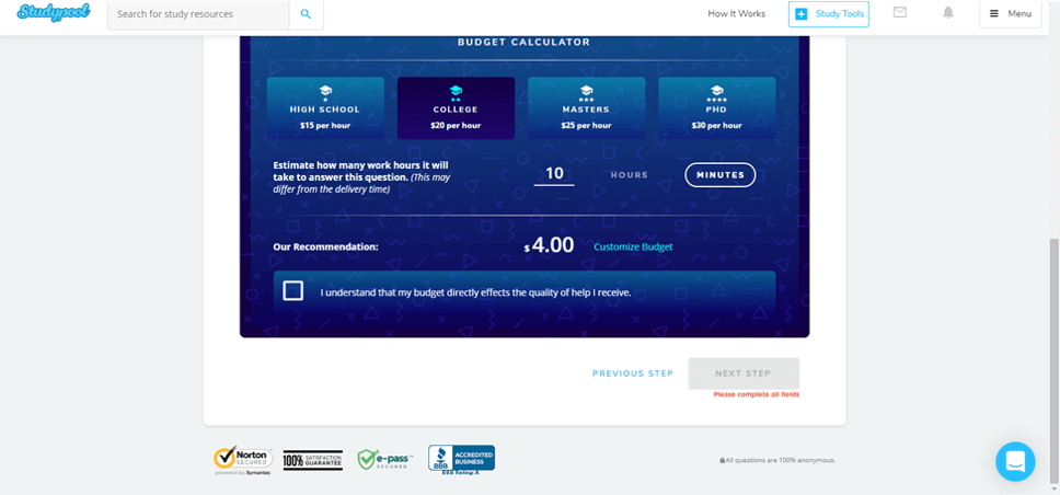 Studypool Pricing - College level