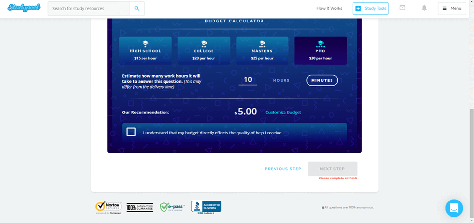 Studypool Pricing - Ph.D. level