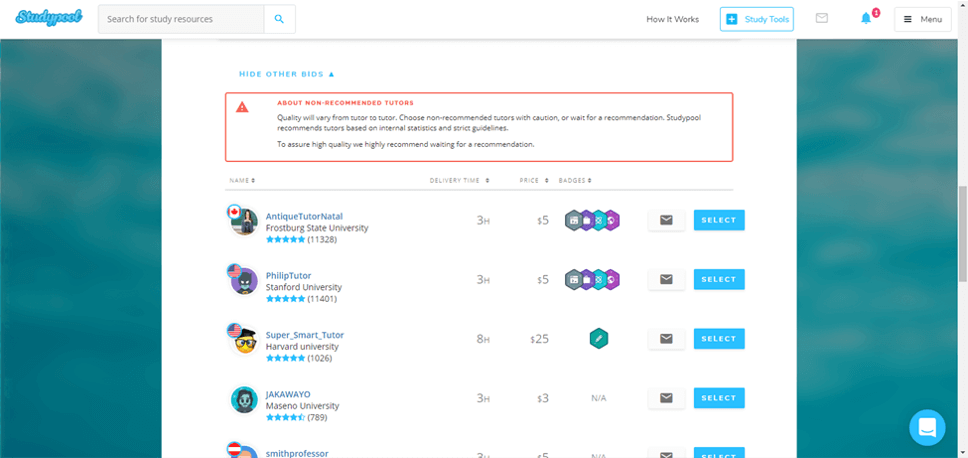 Non-recommended tutors